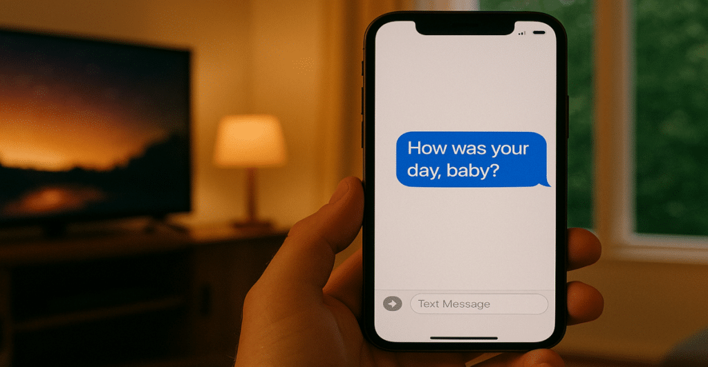 A hand holding a smartphone displaying a text message that reads "How was your day, baby?"