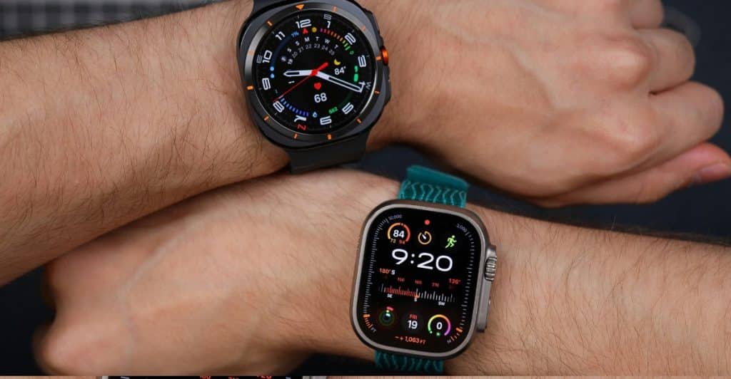 Two arms from the wrist down, each wearing a different model of smartwatch, displaying various fitness metrics and time.