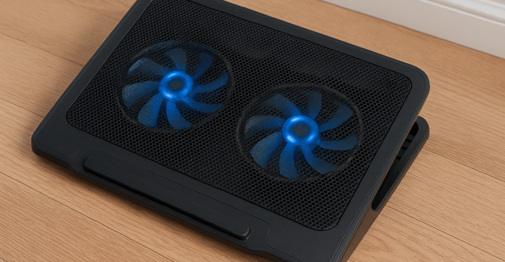 A black laptop cooling pad with two illuminated blue fans on a wooden floor.