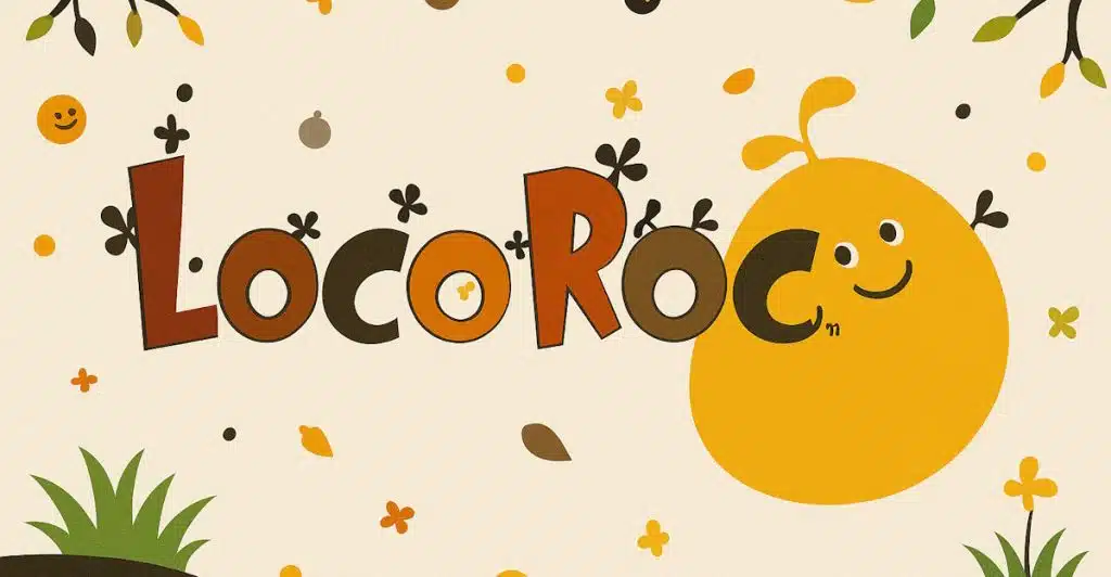 A picture with the word "LocoRoco" and a quirky character in the background. 