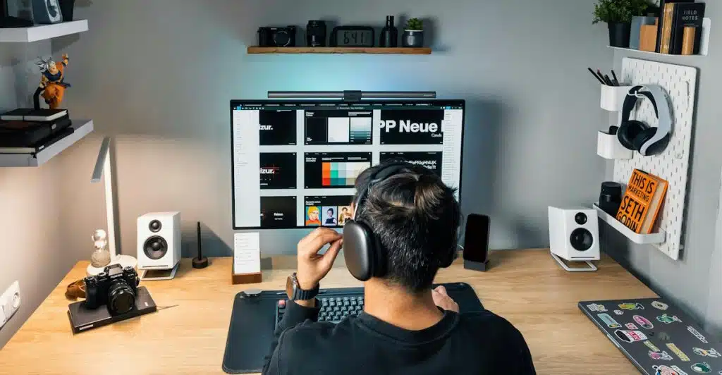 A man wearing headphones is sitting at a modular wooden desk, looking at a large monitor displaying design elements, with organized shelves and accessories around him.