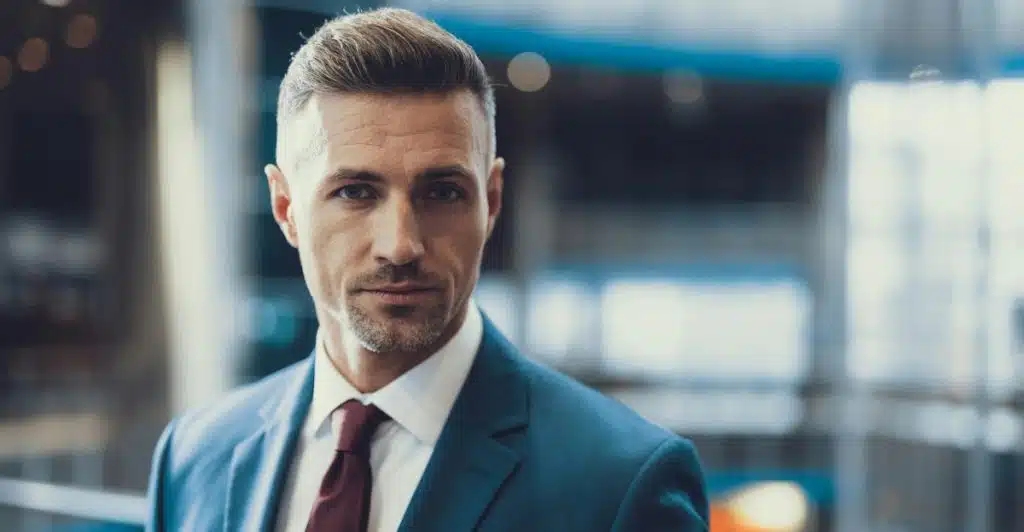 A confident man in a blue suit and red tie standing in a modern office building.