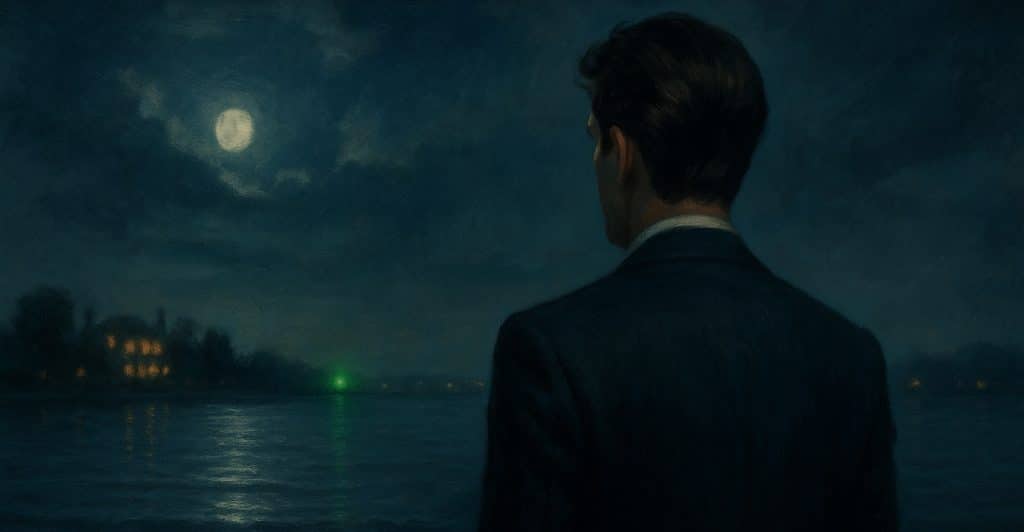 A man in a suit looking across a body of water towards a green light in the distance under a full moon.
