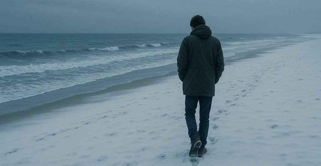 A man walking on a snowy beach with a dark, cloudy sky.