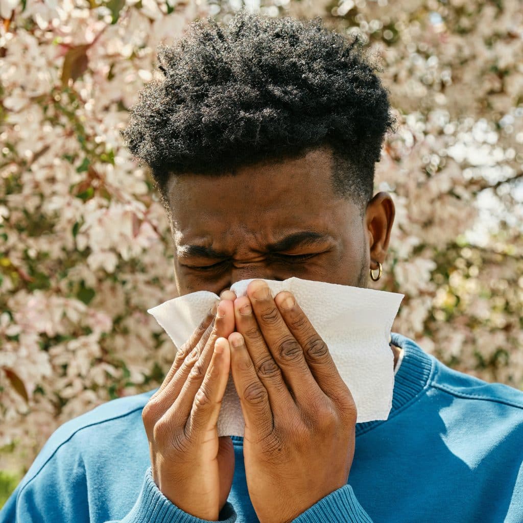 A man who appears to be Black or African American sneezing into a tissue in front of a blossoming tree.