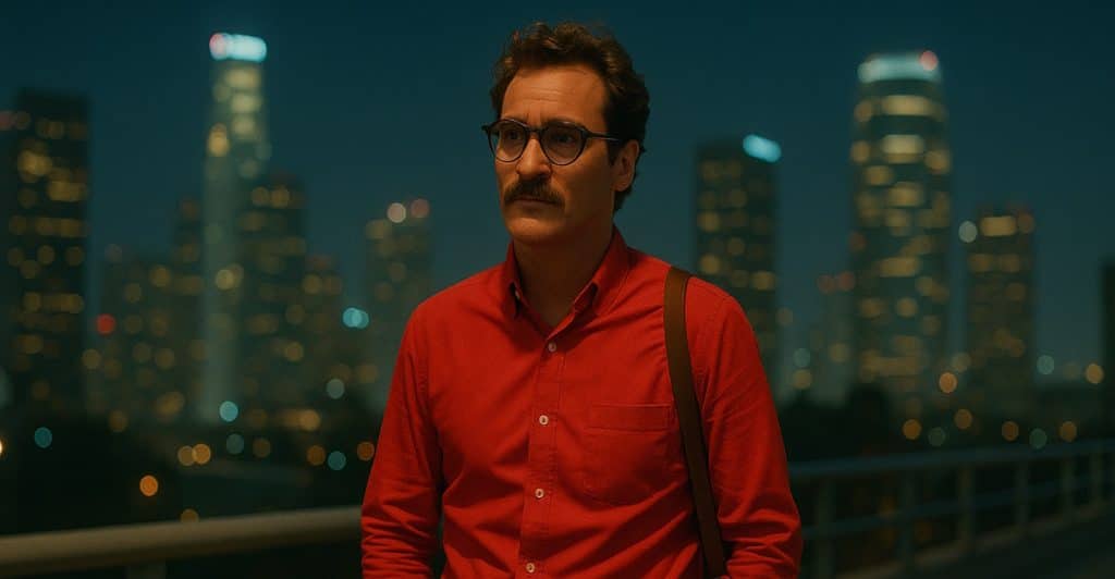 A man with glasses and a mustache standing outside at night with a city in the background.
