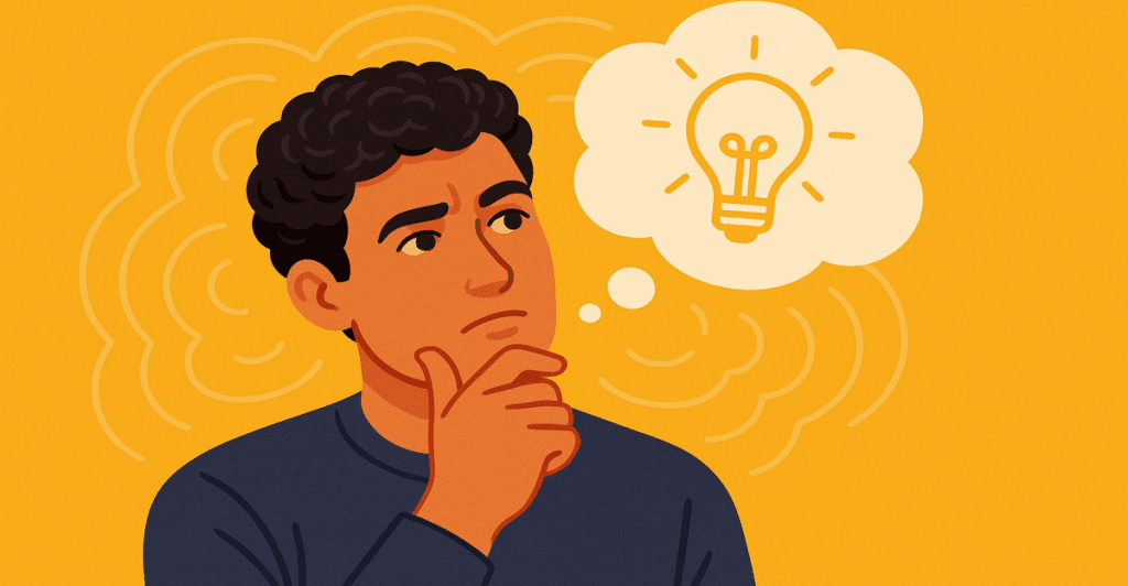 A man with a thoughtful expression, resting his chin on his hand, with a thought bubble above his head containing a lightbulb