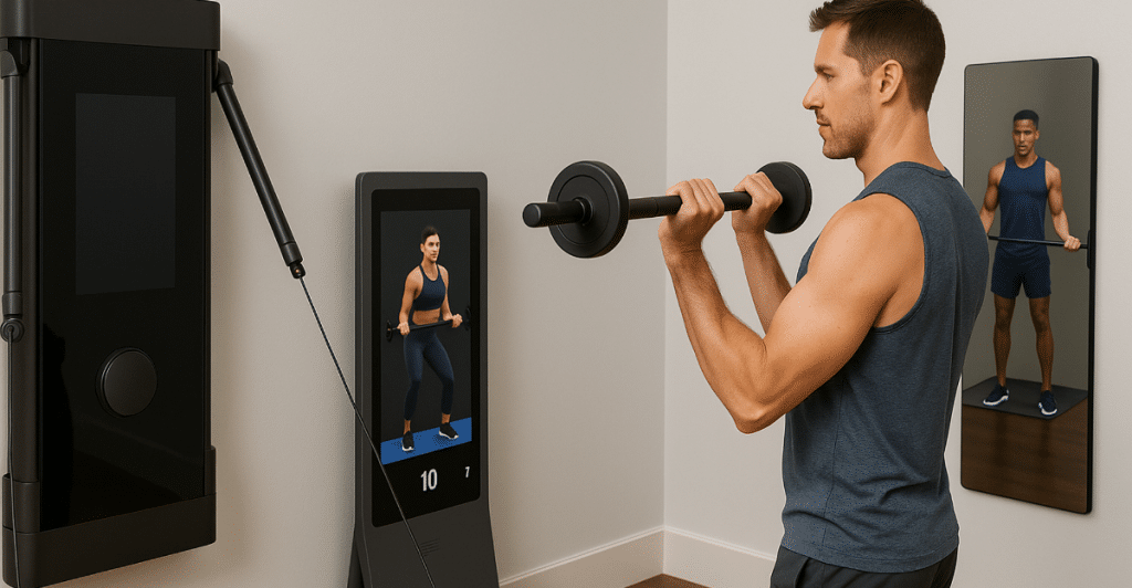 A man is standing in a room, performing bicep curls with a barbell while looking at a large wall-mounted smart home gym system, which displays a female instructor on its screen.