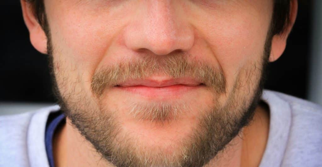 A man's face showing his beard and lips.