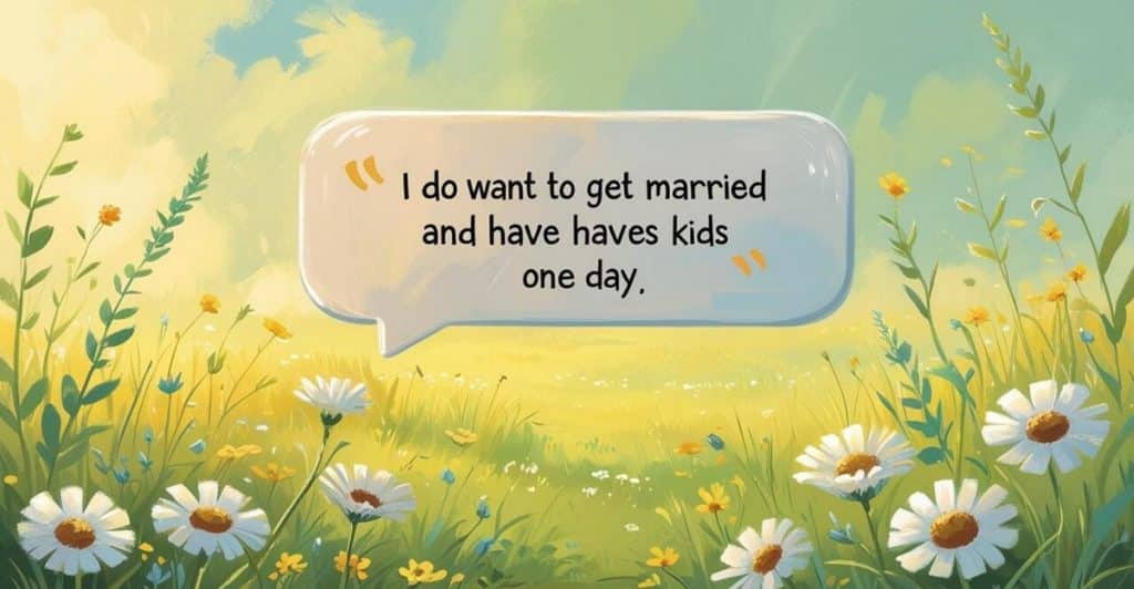  A speech bubble containing the text "I do want to get married and have haves kids one day." floats above a vibrant illustration of a sunlit grassy field with daisies and other wildflowers under a partly cloudy sky.