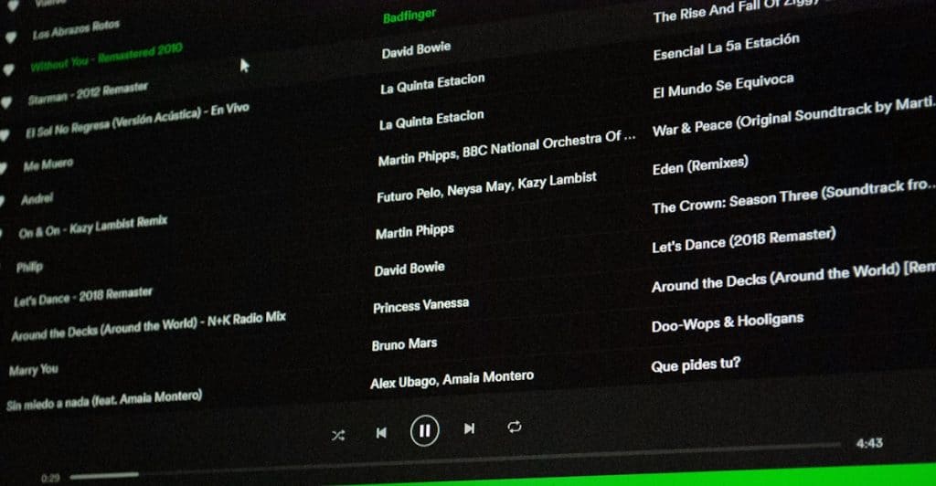A close-up view of a computer screen displaying a music playlist with a list of songs and artists on a dark background.
