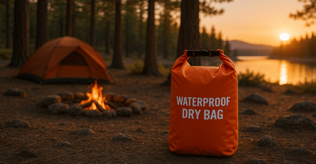 An orange waterproof dry bag with a buckle closure standing upright on the ground, with a tent and campfire in the background at sunset