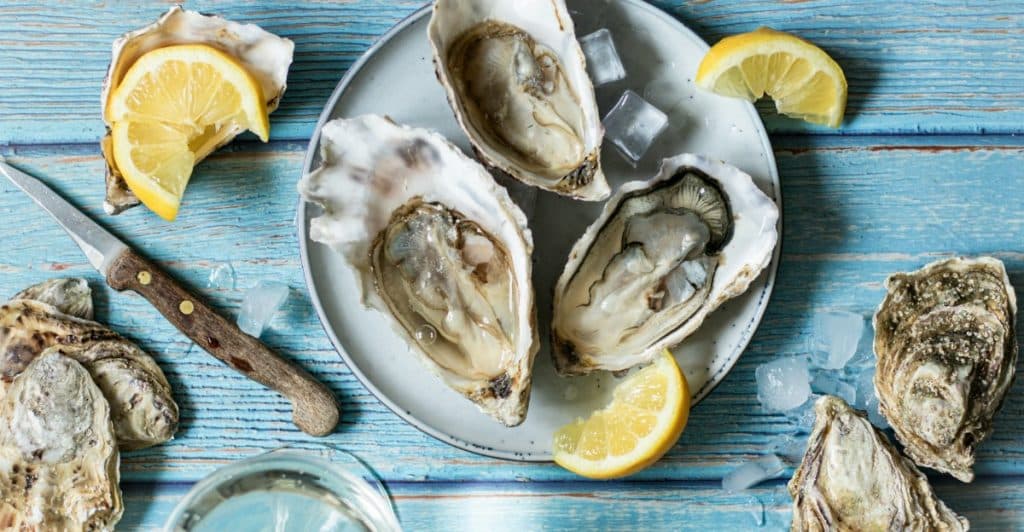 A plate of fresh oysters on the half shell with ice and lemon wedges, alongside an oyster knife and a glass of liquid, on a blue wooden surface.