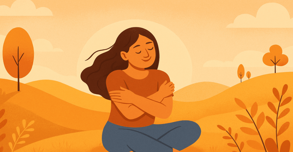  Illustration of a person hugging themselves while sitting in a warm-colored, hilly landscape.
