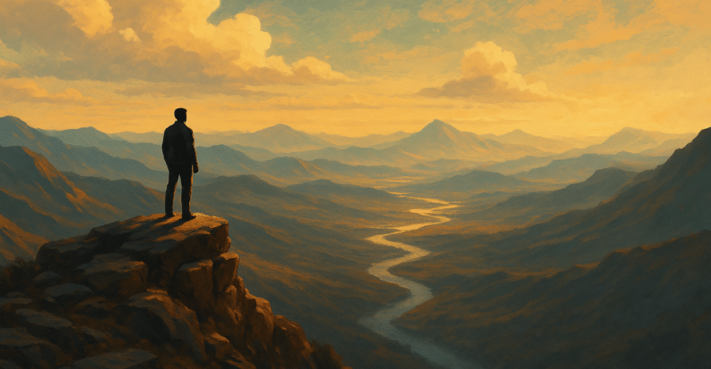 Digital painting of a person standing on a cliff looking out over a golden valley landscape.
