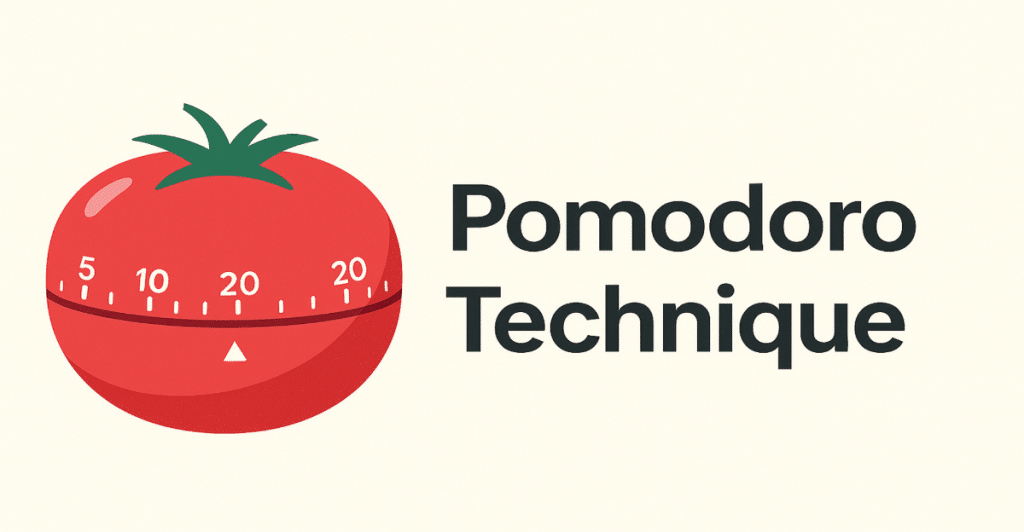 An illustration of a red tomato-shaped kitchen timer with markings for 5, 10, 20, and 25 minutes, next to the words "Pomodoro Technique"