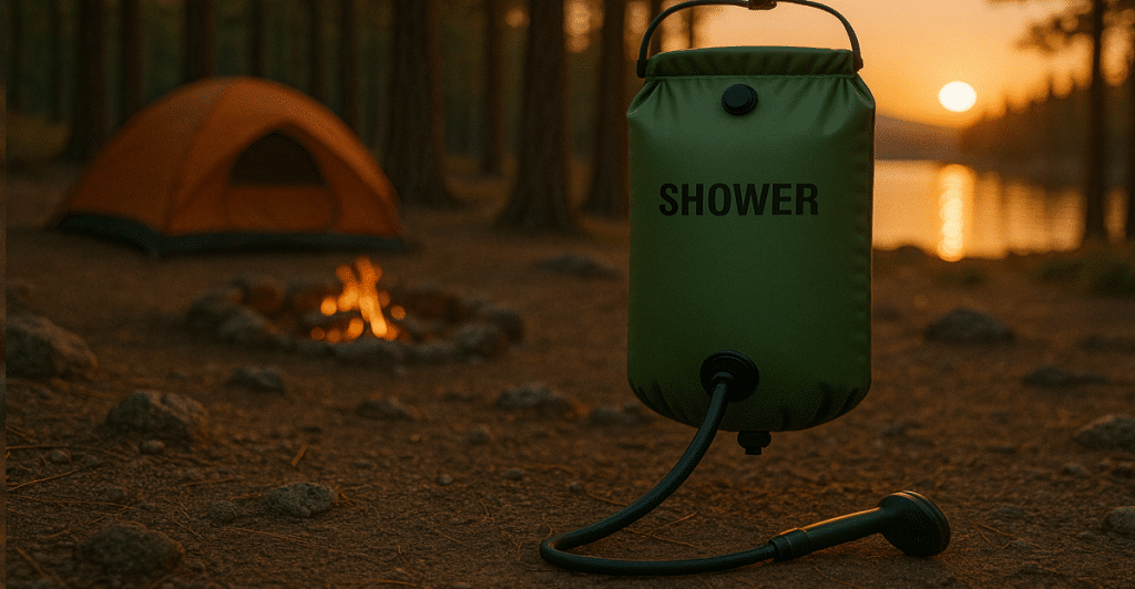 A green portable camp shower bag with a hanging strap and a hose with a nozzle on the ground, with a tent and lake in the distant background