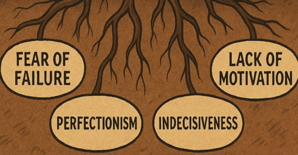 A drawing of tree roots with four labels fear of failure, lack of motivation, perfectionism, and indecisiveness.