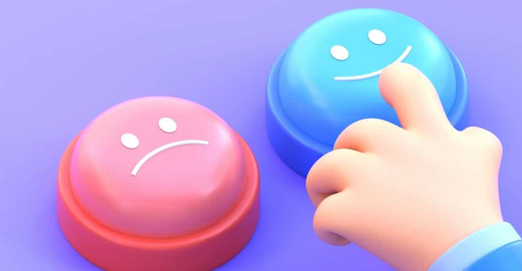 A cartoon hand pressing a blue button with a happy face, next to a pink button with a sad face, on a purple background.