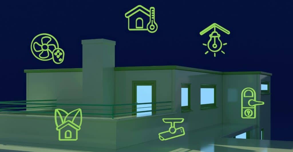 A stylized image of a building with glowing neon green outline icons representing smart home devices like a house, fan, lightbulb, lock, and security camera.