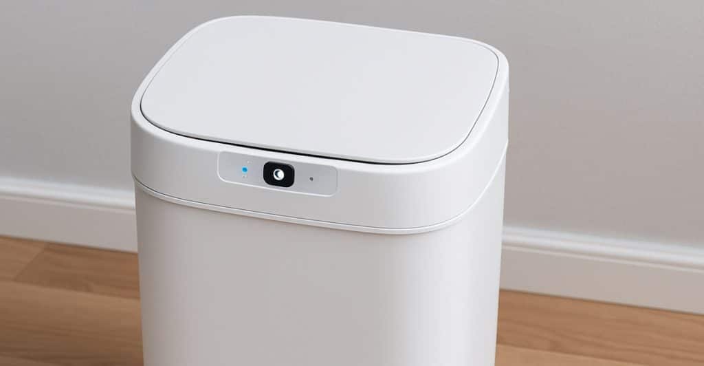 A white rectangular smart trash can with a sensor on top.