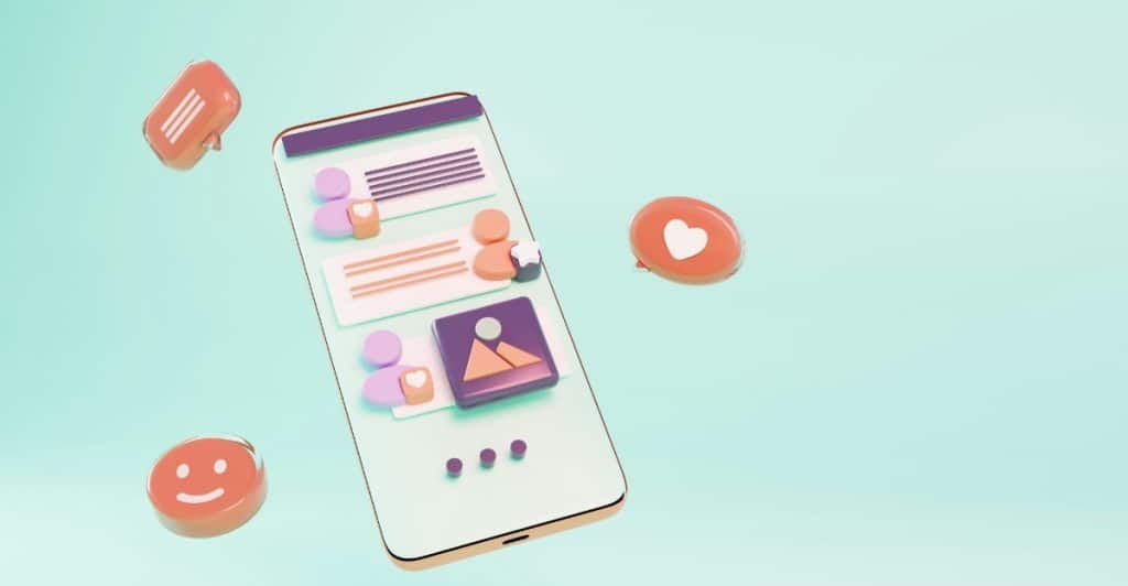 A white smartphone displaying a messaging application interface with profiles and text messages, surrounded by floating 3D icons of chat bubbles, a heart, and smiling faces on a light blue-green background.