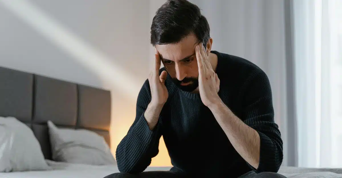 A man sitting on a bed with his hands on his head, looking down with a distressed expression.