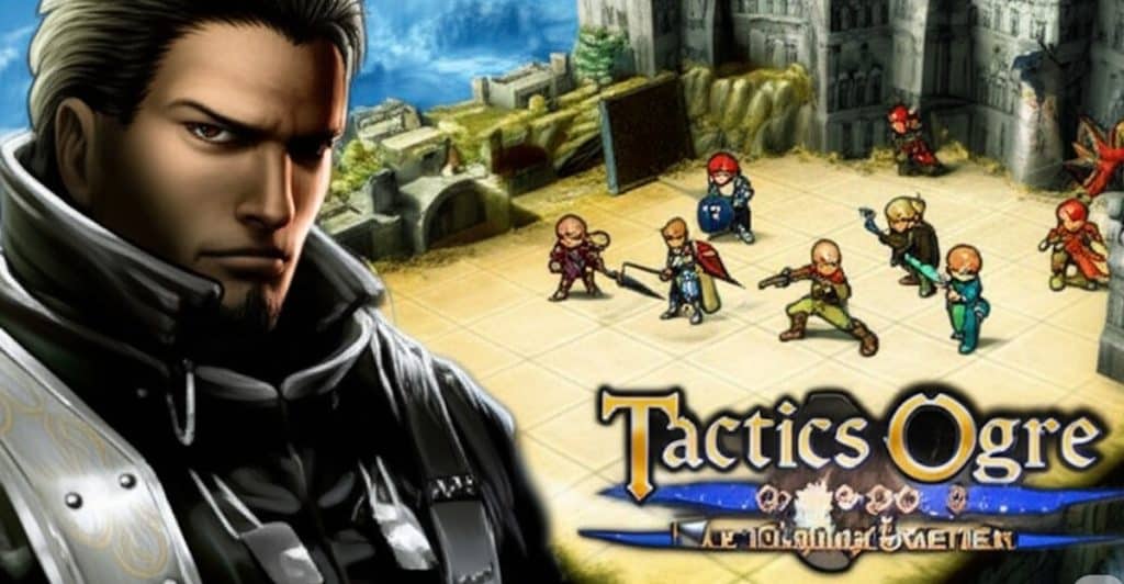 A picture depicting Key characters from the Tactics Ogre game engaged in a strategic battle on a grid-based map with a fantasy medieval setting. 