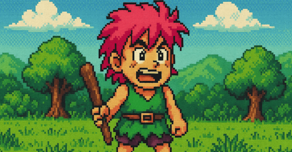 A pixel art rendering of the character Tomba, a pink-haired boy in a green loincloth holding a club, standing in a green landscape.