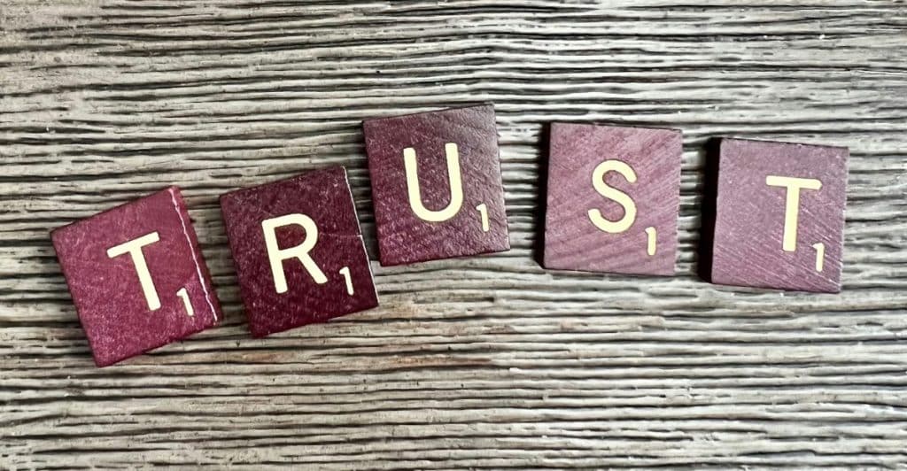 The word "TRUST" spelled out with wooden scrabble tiles on a textured wooden background.