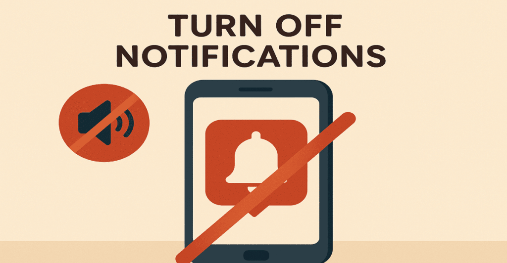 An illustration showing a muted speaker icon and a phone with a notification bell crossed out, indicating to turn off notifications.