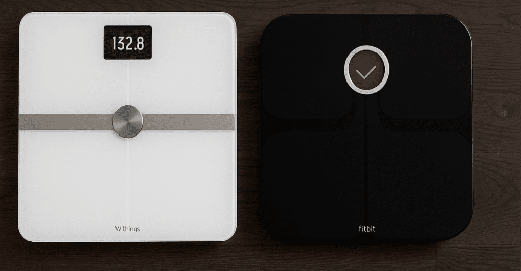 A white Withings smart scale with a digital display showing "132.8" and a black Fitbit Aria smart scale with a circular button are placed side by side on a dark wooden surface.