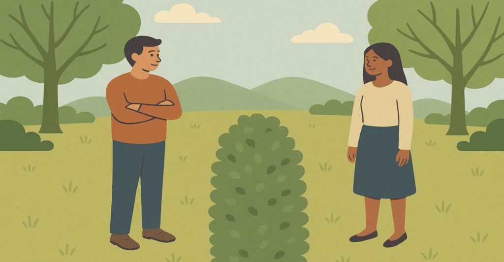 An illustration of a man and a woman standing on opposite sides of a large bush