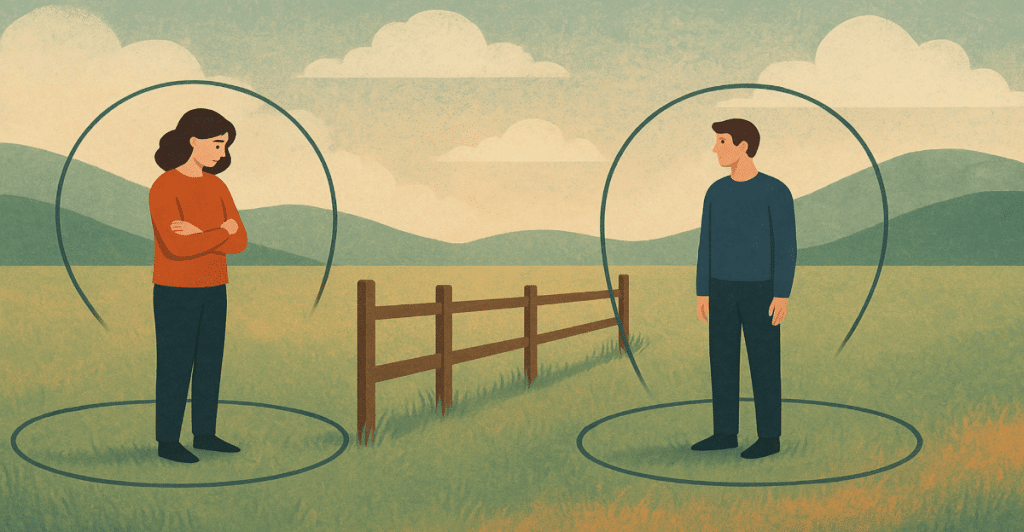 Illustration of two people standing in separate circular areas with a fence between them in a field.