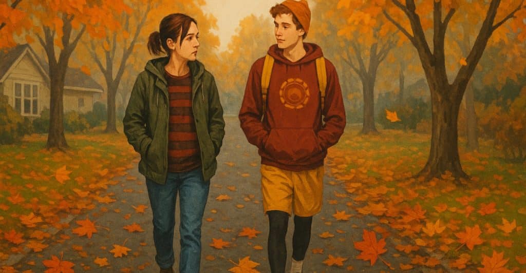 Two teenagers walking on a path surrounded by autumn trees and fallen leaves.