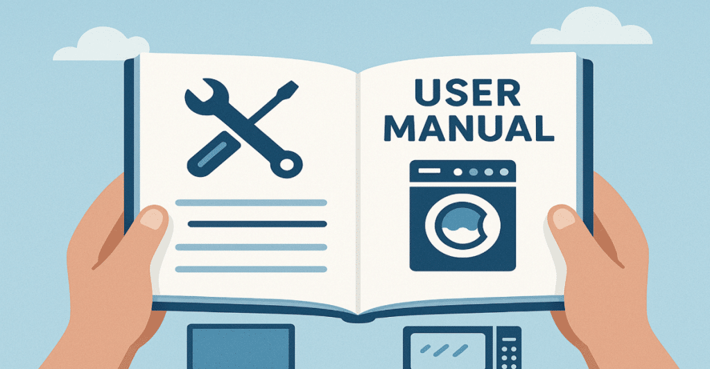 An illustration of hands holding an open user manual with icons of a wrench, screwdriver, washing machine, television, and microwave.