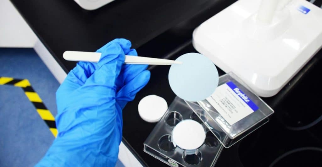 Gloved hand holding tweezers and a white filter in a lab setting.
