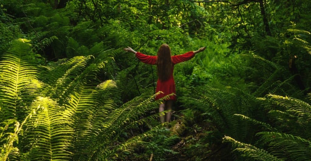 A woman in a red dress standing with her arms outstretched in a dense green forest filled with ferns.