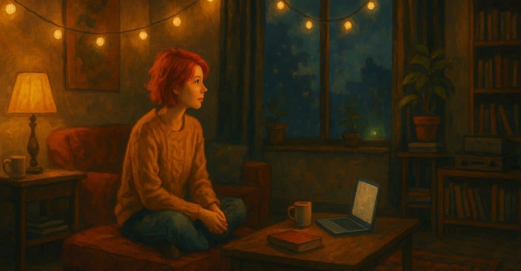 A woman with red hair sitting on a couch in a dimly lit room with string lights.