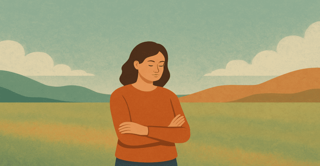  Illustration of a woman with her arms crossed, standing in a field with a serene expression.