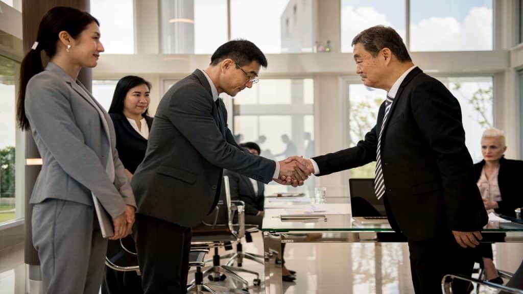 Businessmen bowing to each other.