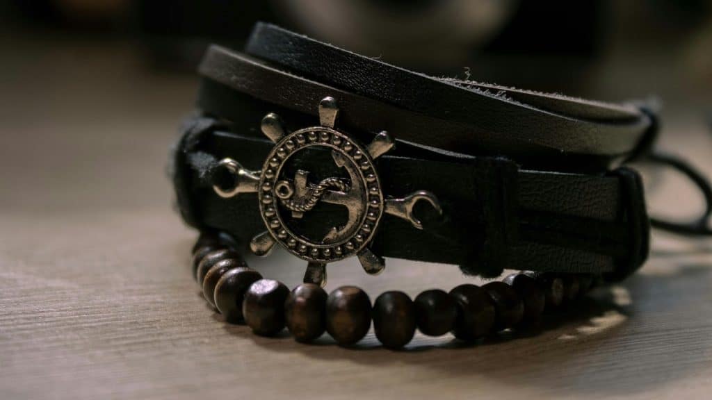 A close-up picture of a leather/ tribal bracelet.