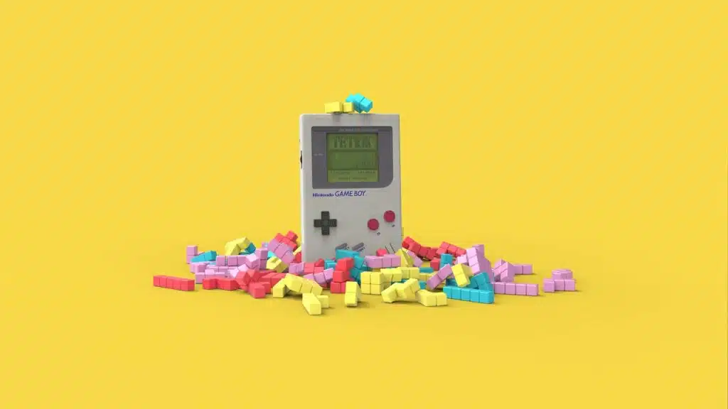 A vintage Gameboy featuring Tetris.