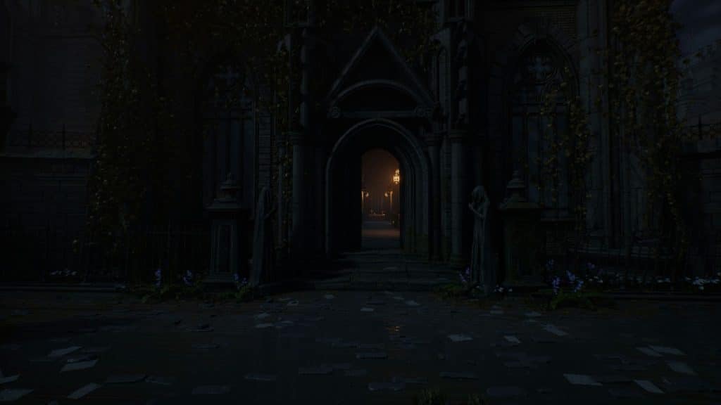 A dark hallway of a castle.