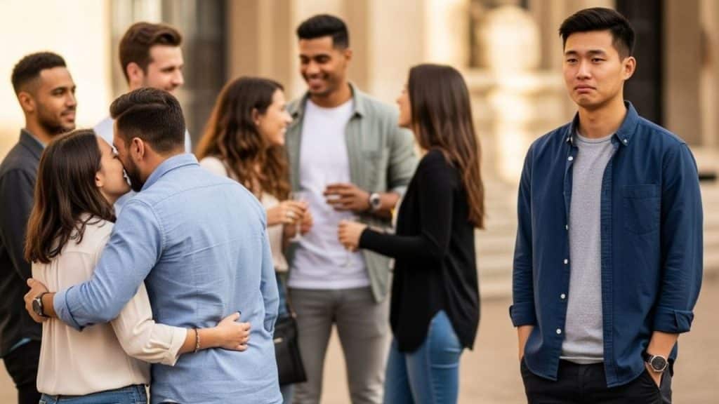A solitary man stands on the right, watching groups of people interacting and embracing in the background.