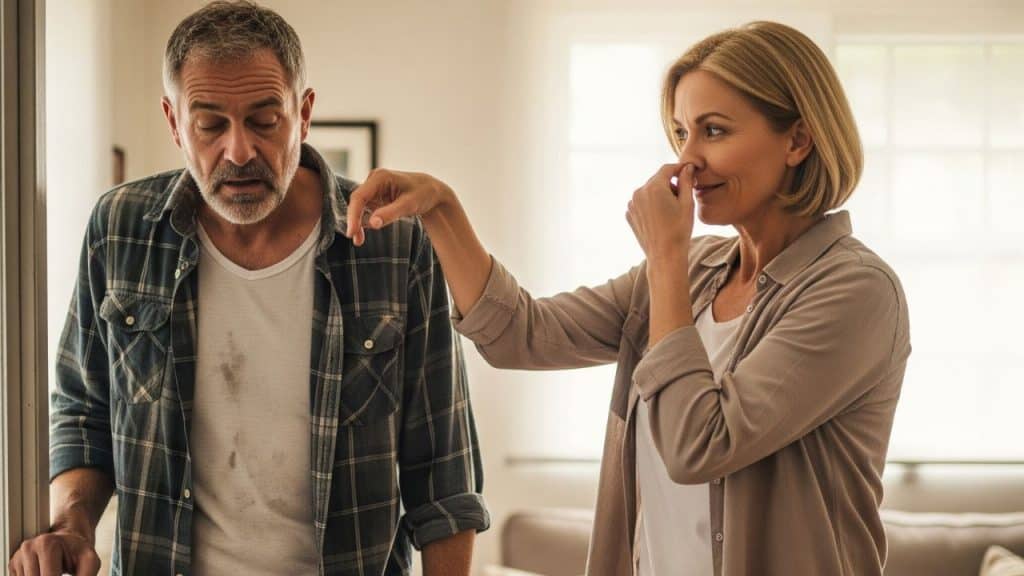 A woman pinches her nose, looking at a disheveled man with a dirty shirt.
