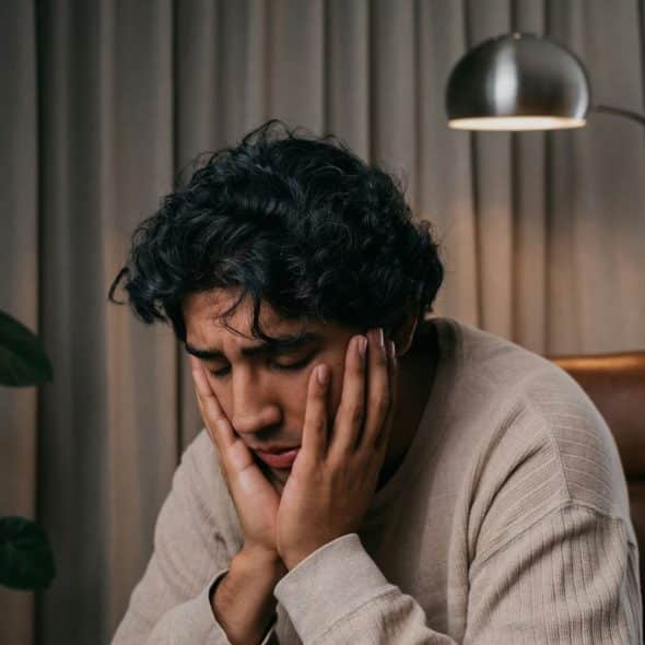 A man holding his face