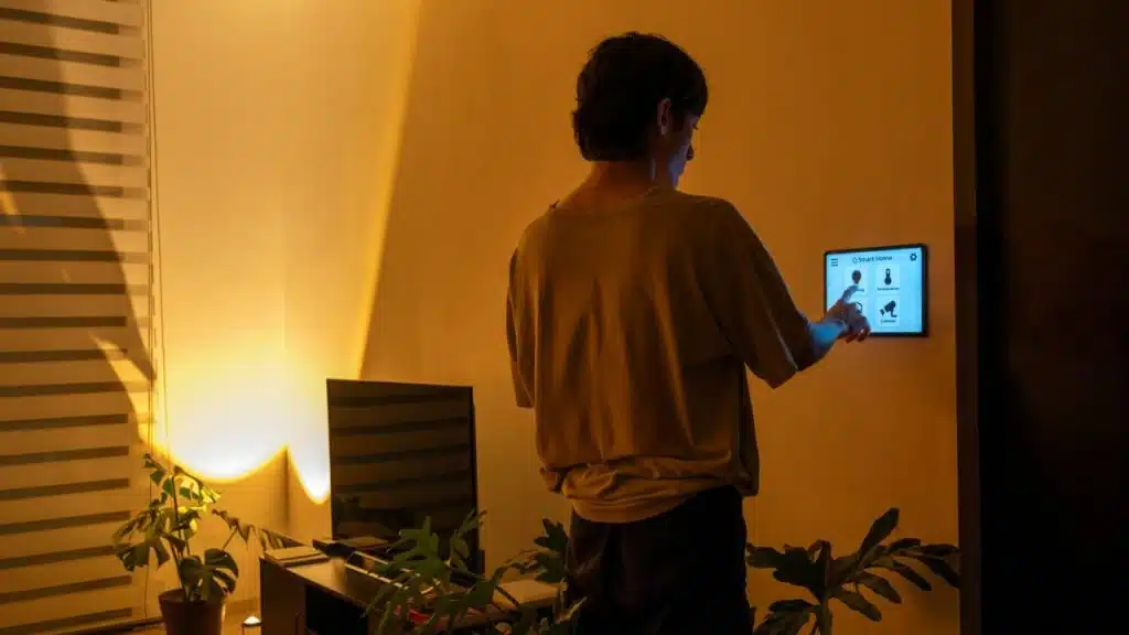 A person interacts with a wall-mounted smart home control panel in a dimly lit room.