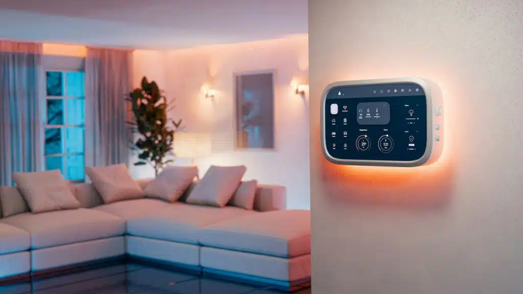 A wall-mounted smart home control panel glows orange in a living room with ambient blue and orange lighting.