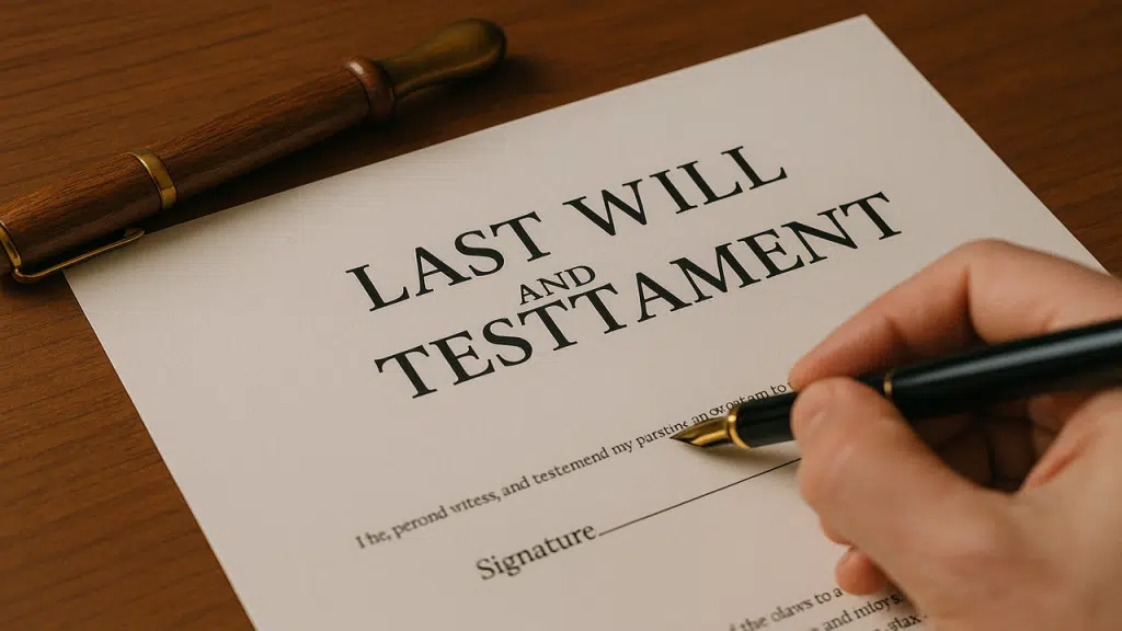 A document depicting a person’s hand and his last will and testament